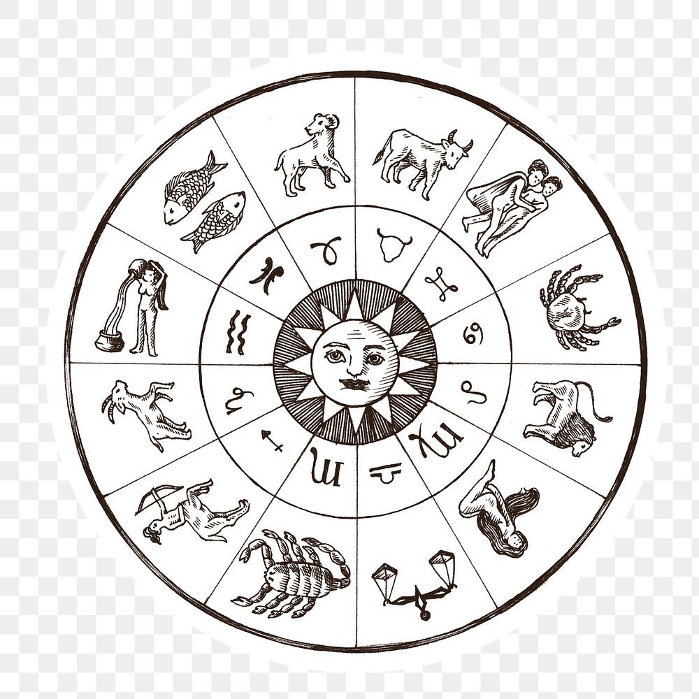 Hand drawn horoscope sign circle sticker with a white border design element