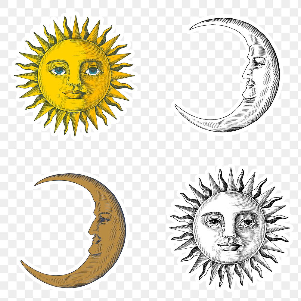 Hand drawn sun and crescent moon with a face sticker with a white border design element set