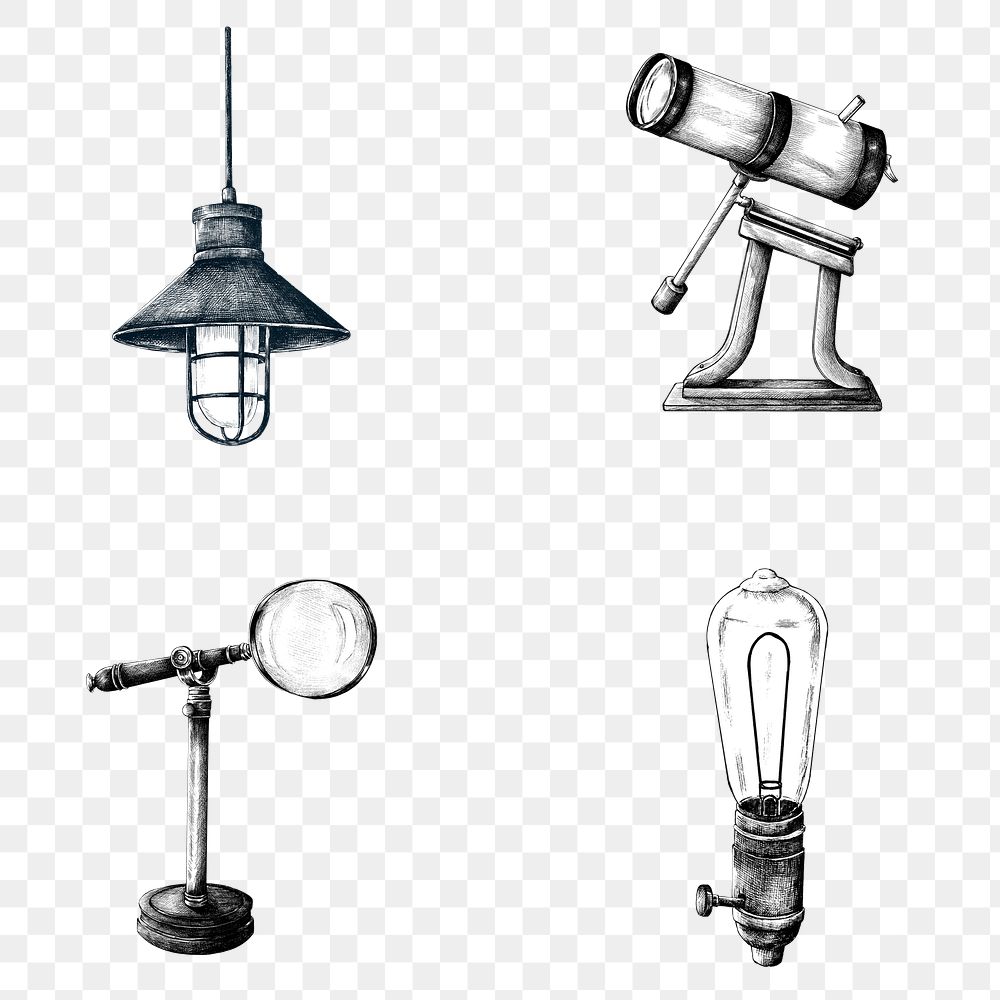 Hand drawn vintage light bulb and telescope design element set