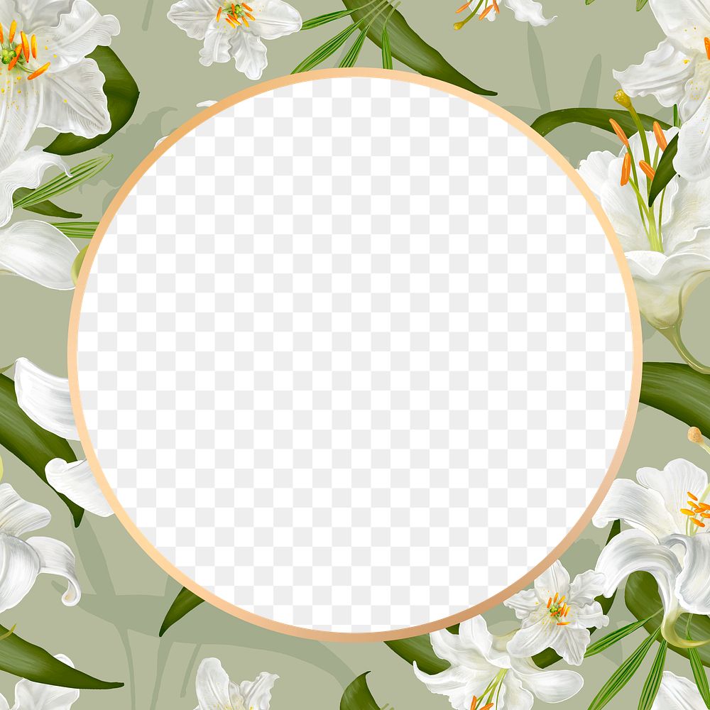 Gold round white lily flower frame design element