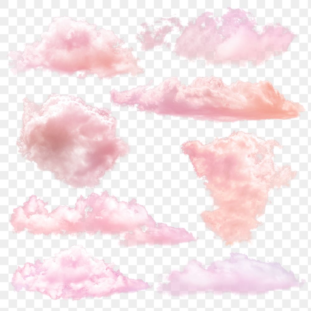 Pink cloud png sticker set, cumulus design in transparent background