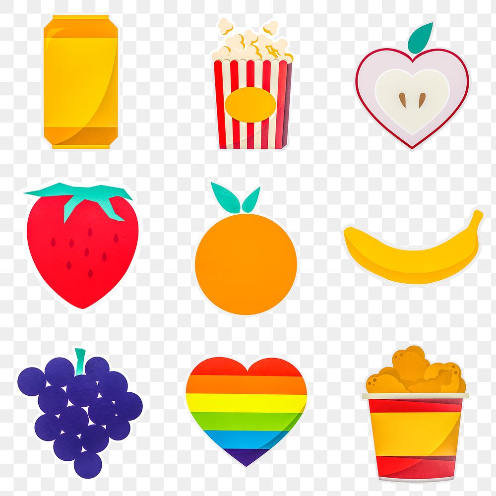Mixed fruits and food icons design stickers set