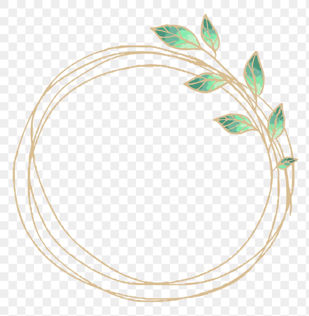 Gold circle frame png sticker, green doodle leaf illustration