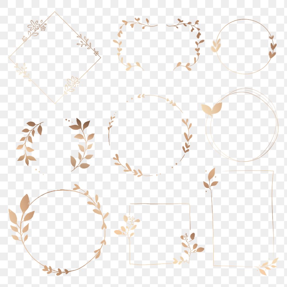 Elegant botanical frame png clipart, gold gradient design set