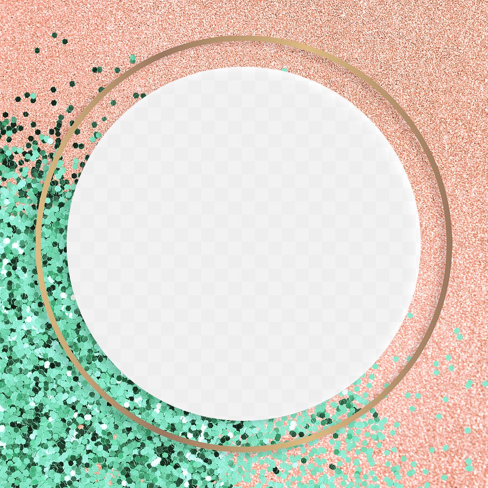 Green glitters on gold round frame on a pink background