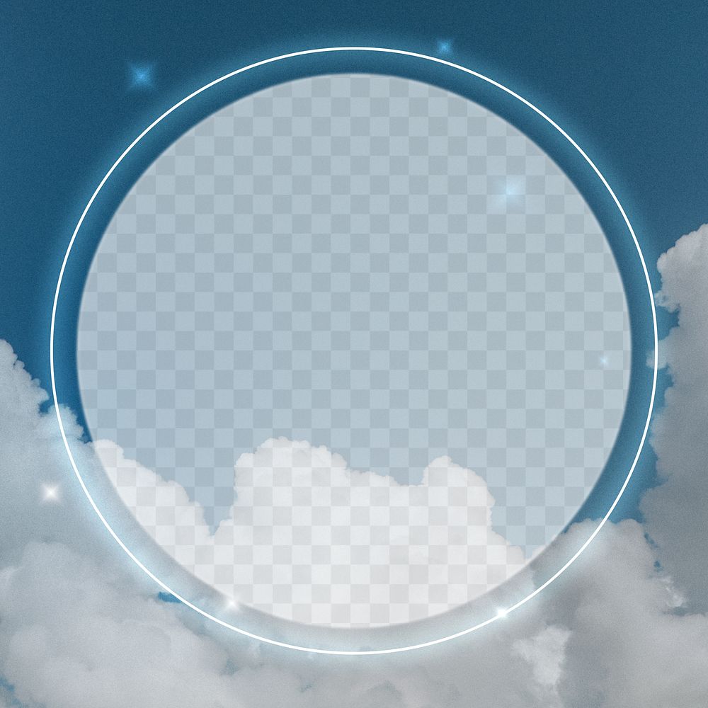 Round neon frame png on sky background