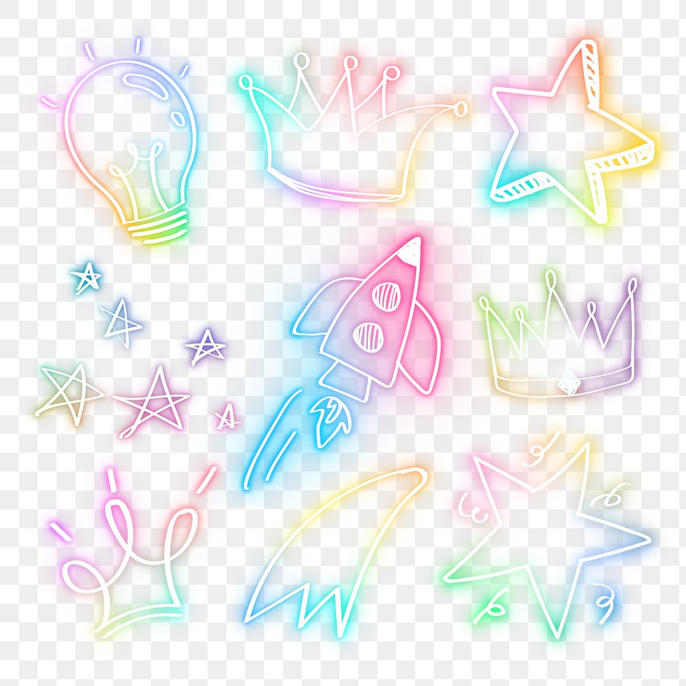 Rainbow neon png glow doodle set