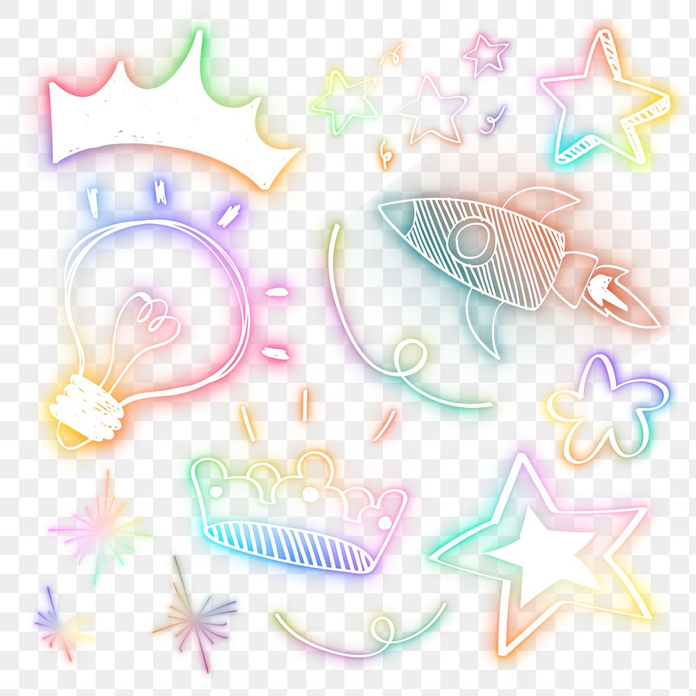 Colorful neon glow doodle png collection