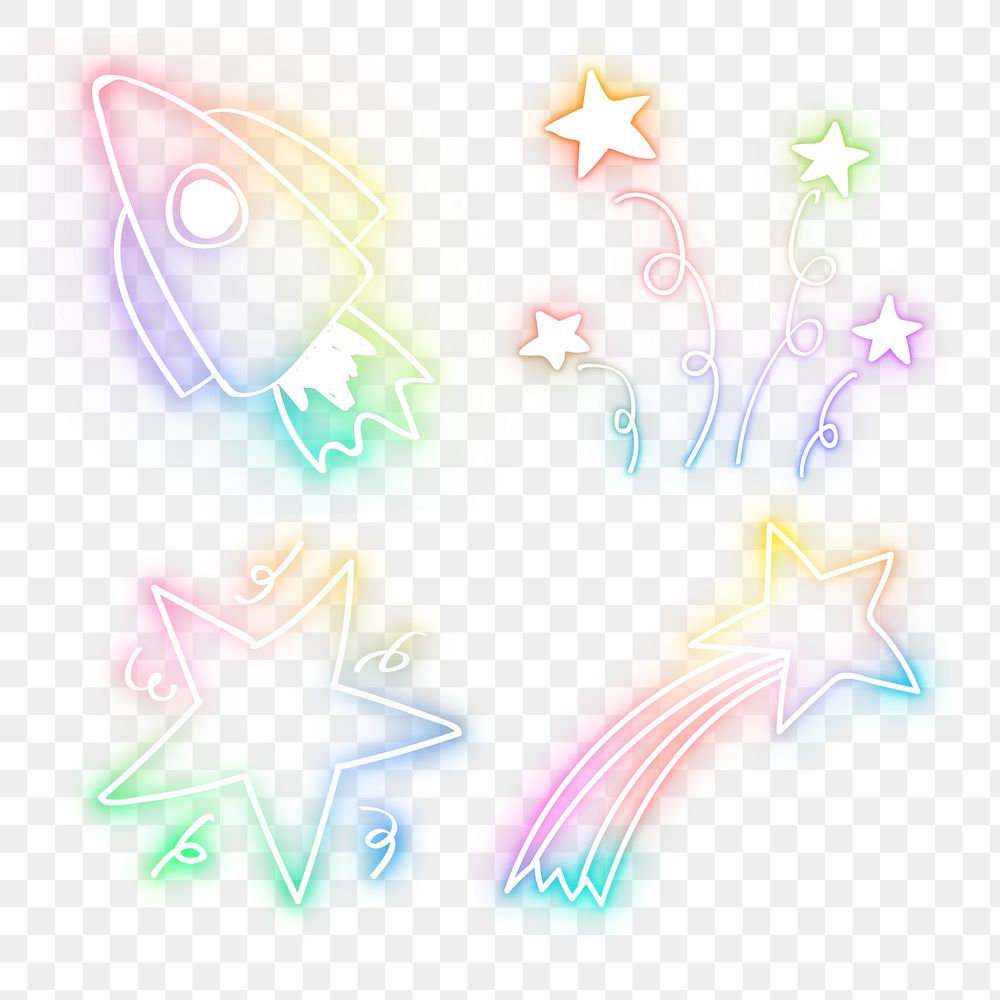 Png colorful neon glow star doodle set