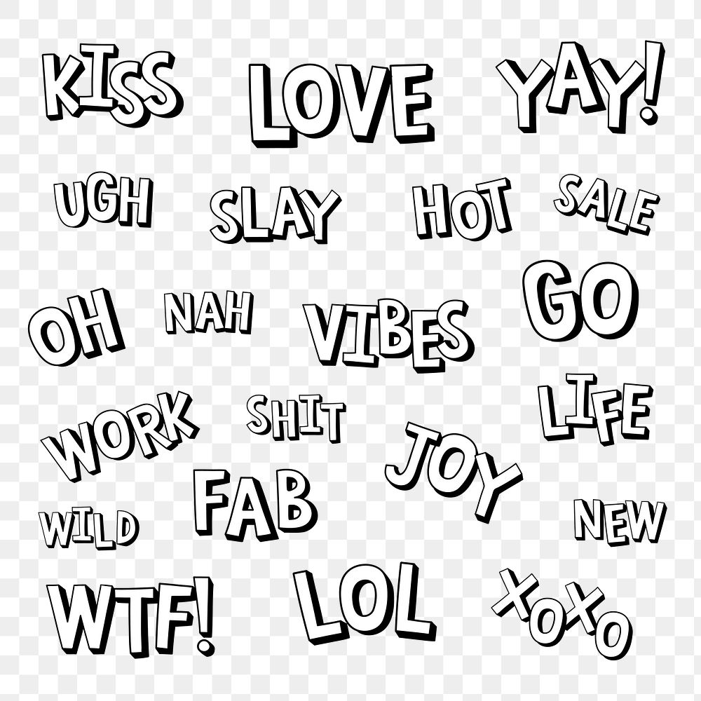 Trendy cool words png typography set