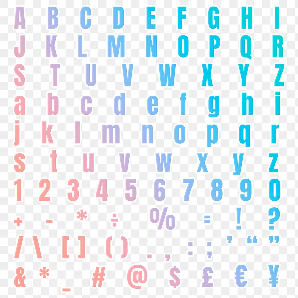 Gradient alphabet number symbol png set