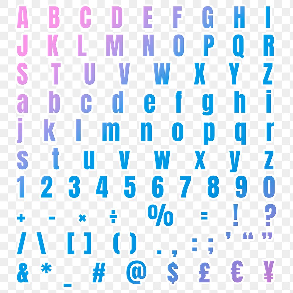 Png gradient alphabet number symbol set