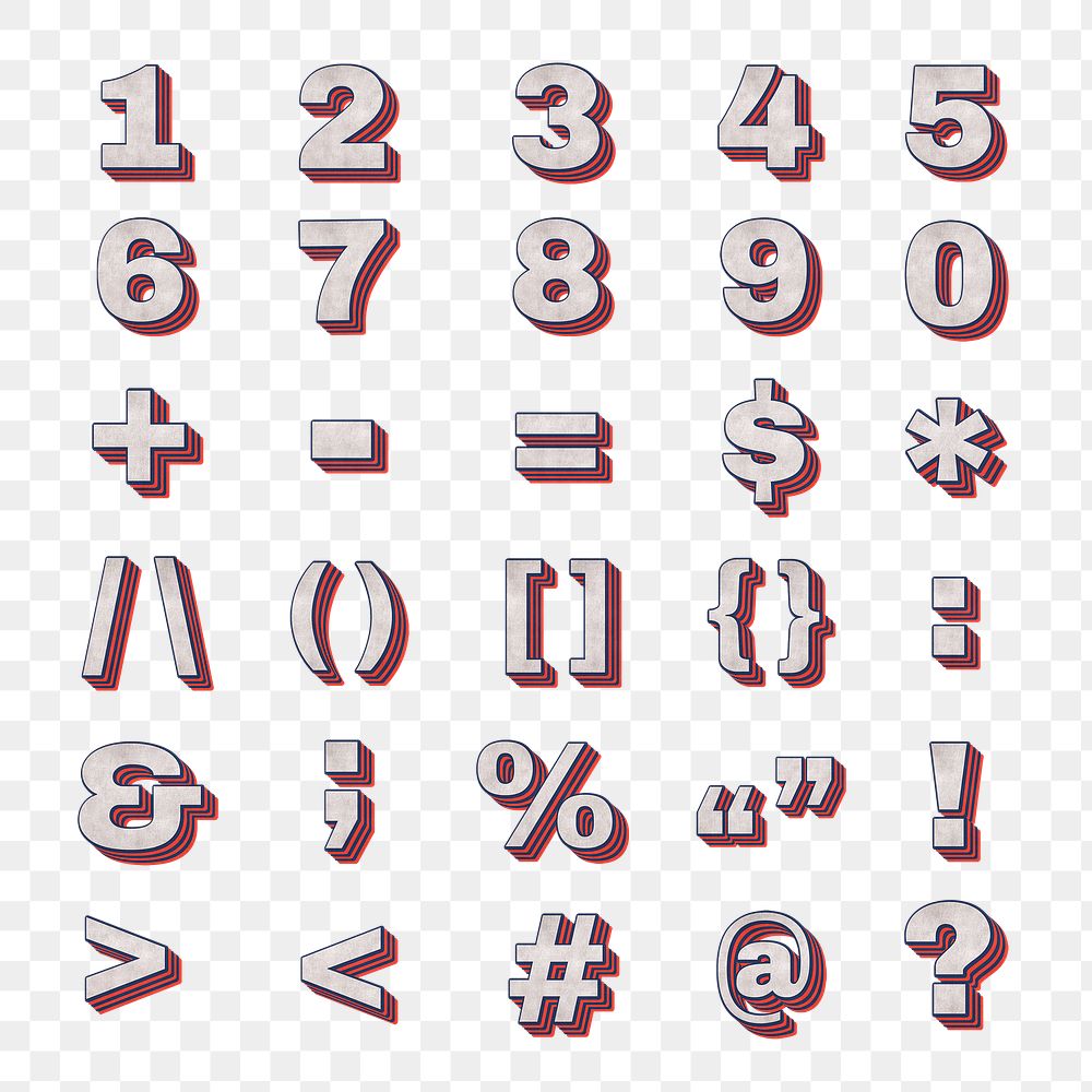 Numbers and symbols png layered effect font 