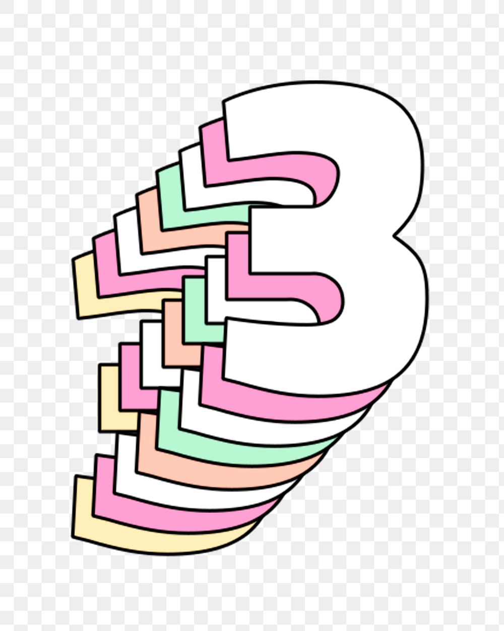 Retro 3d pastel three png number typography