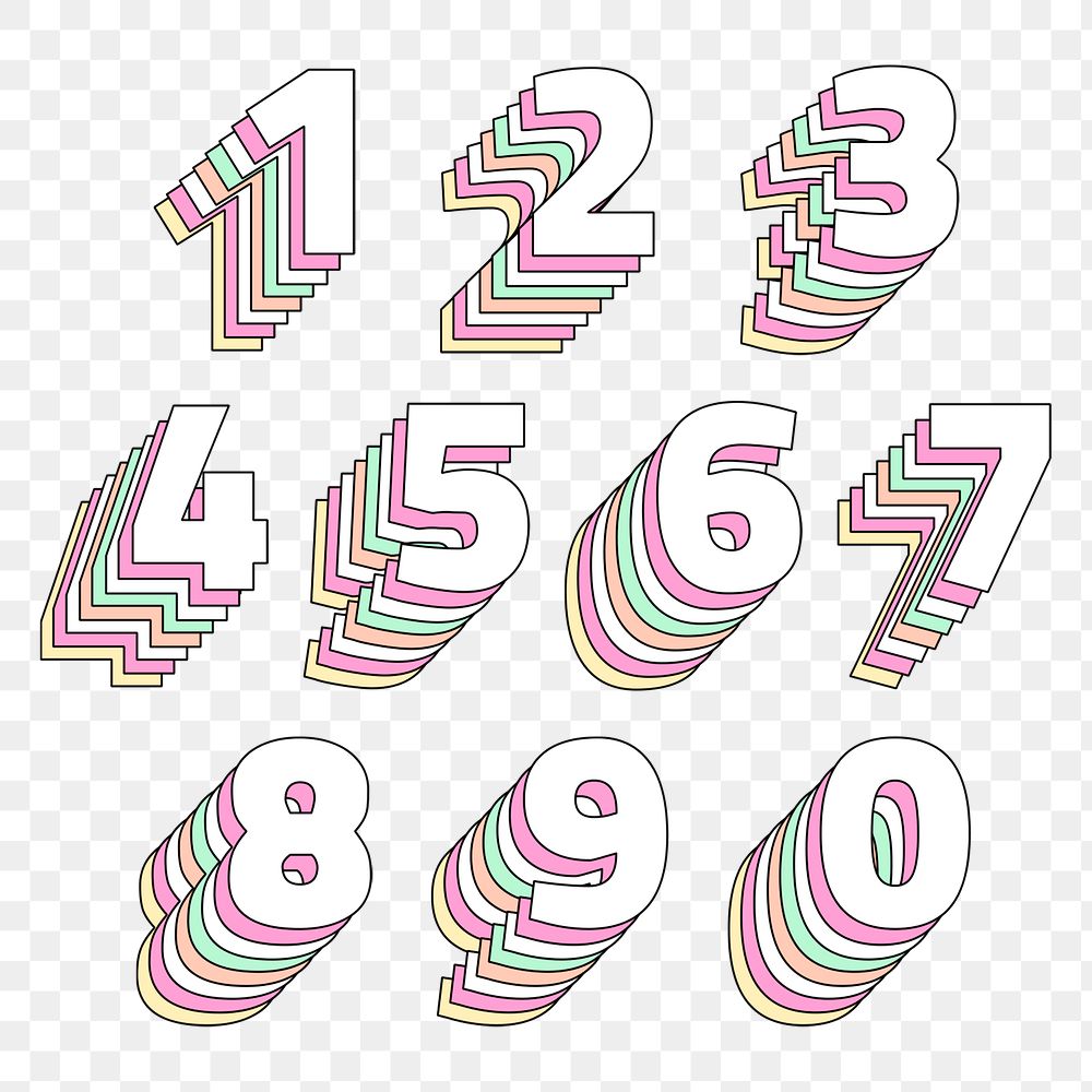 Layered number set png pastel stylized typography