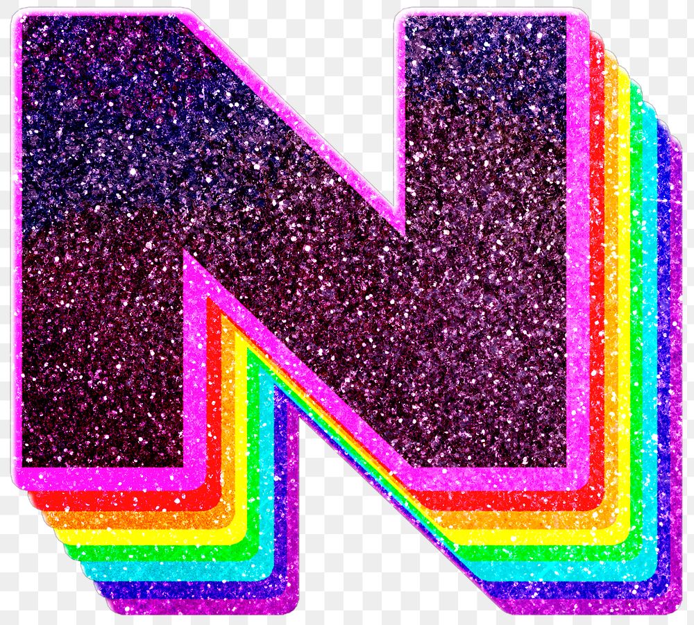 N letter layered rainbow glitter png sticker alphabet font
