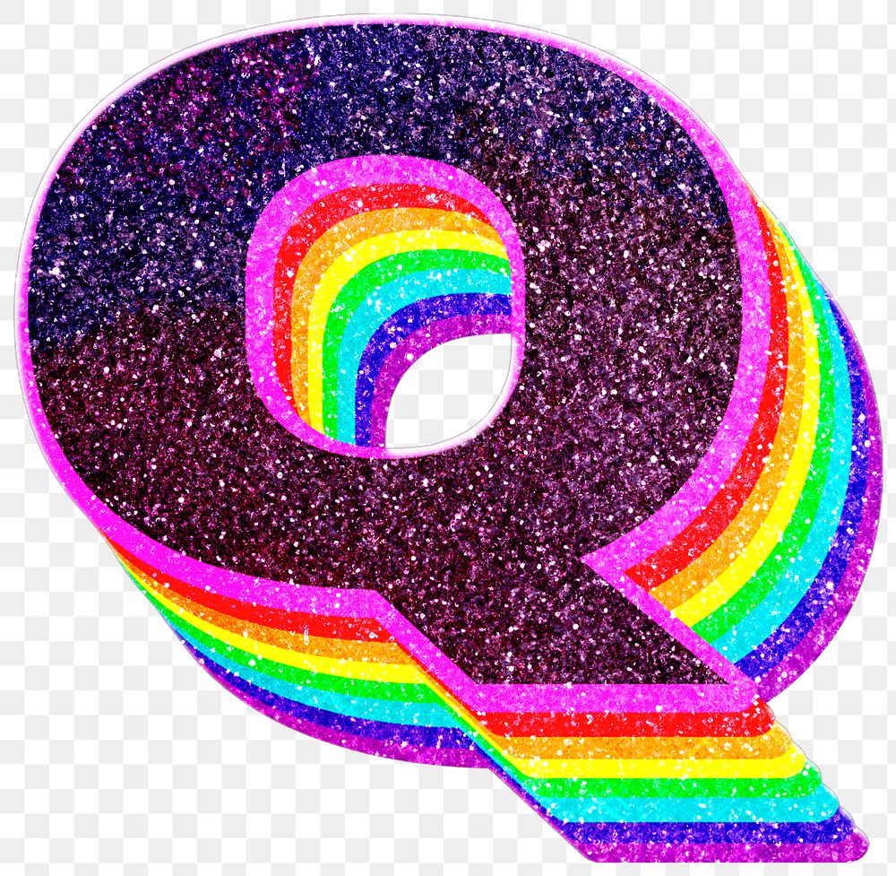 Q letter layered rainbow glitter png sticker alphabet font