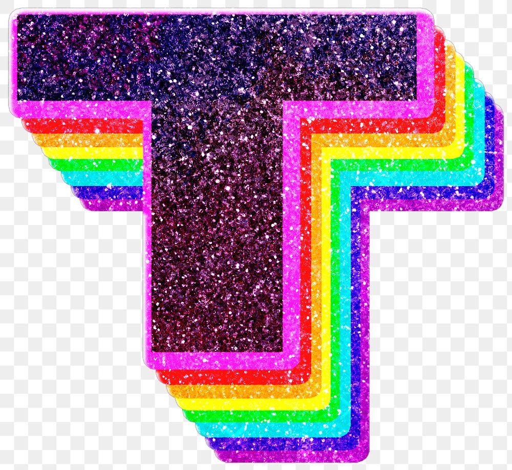 T letter layered rainbow glitter png sticker alphabet font