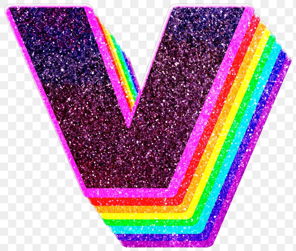 V letter layered rainbow glitter png sticker alphabet font