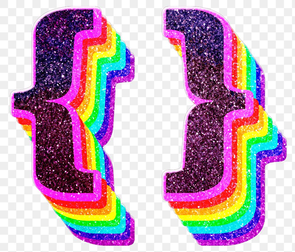 Png curly brackets symbol rainbow typography glitter texture