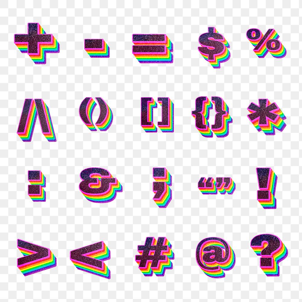 Png sign set 3d rainbow font typography glitter texture