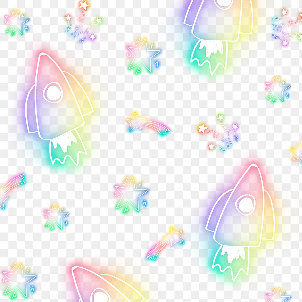 Neon star rocket doodle pattern background png