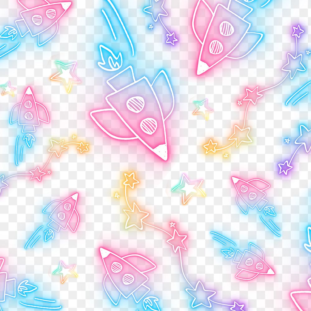 Png neon rocket star doodle pattern background