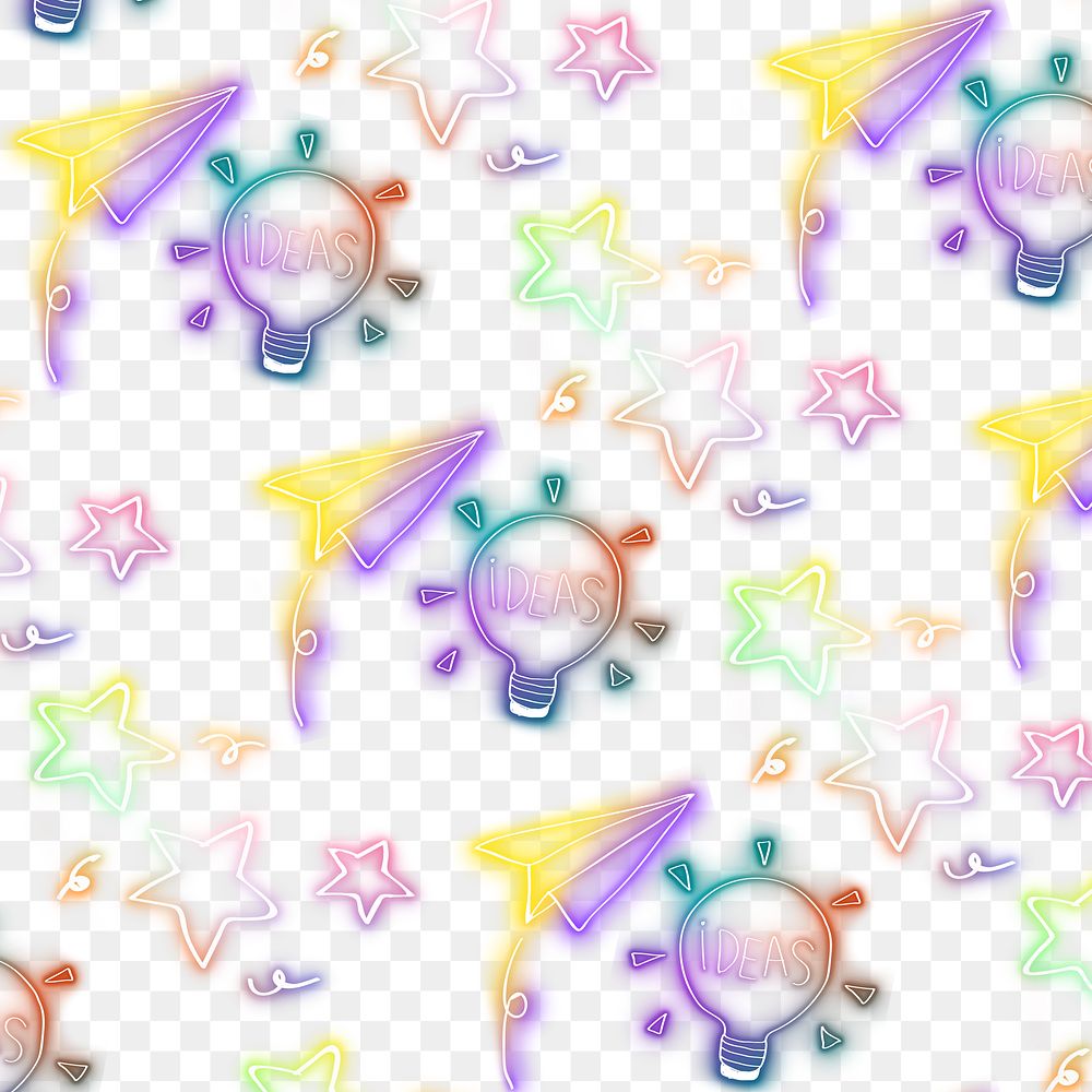 Neon light bulb ideas word doodle pattern background png