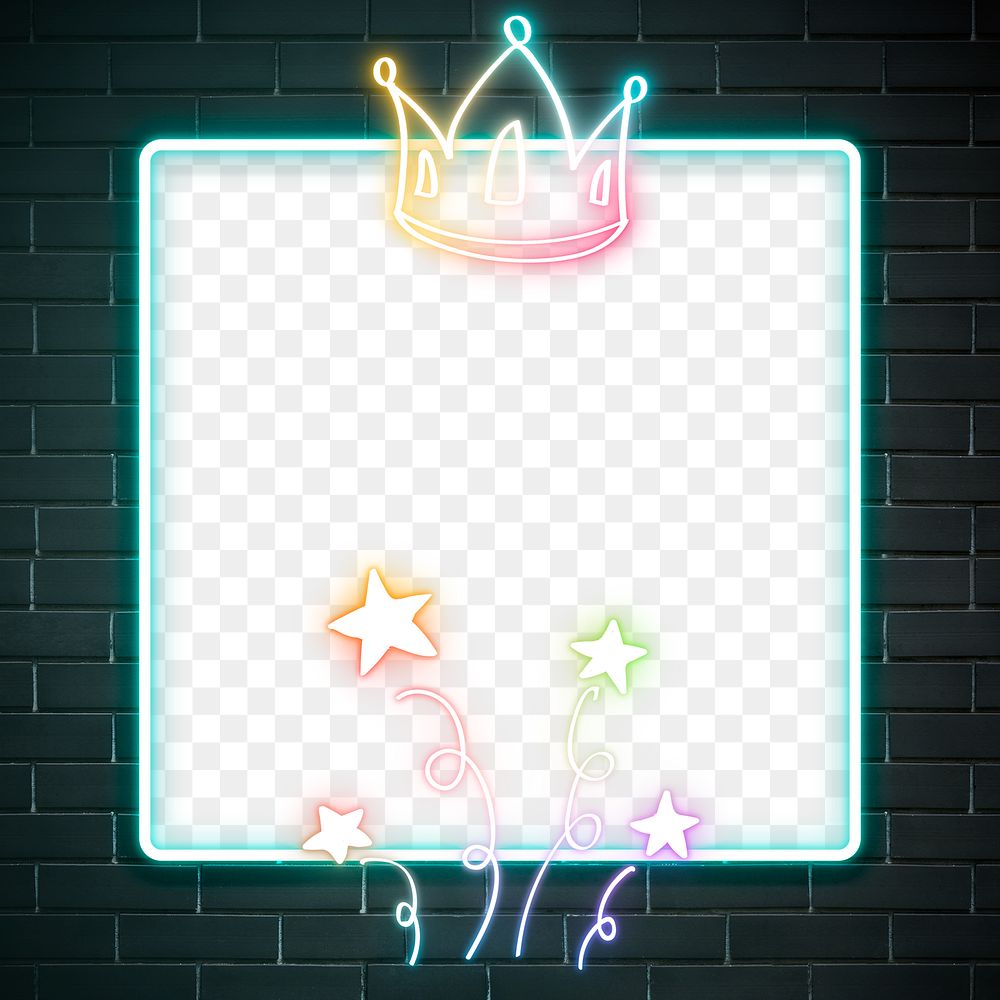 Neon frame star crown rainbow doodle png