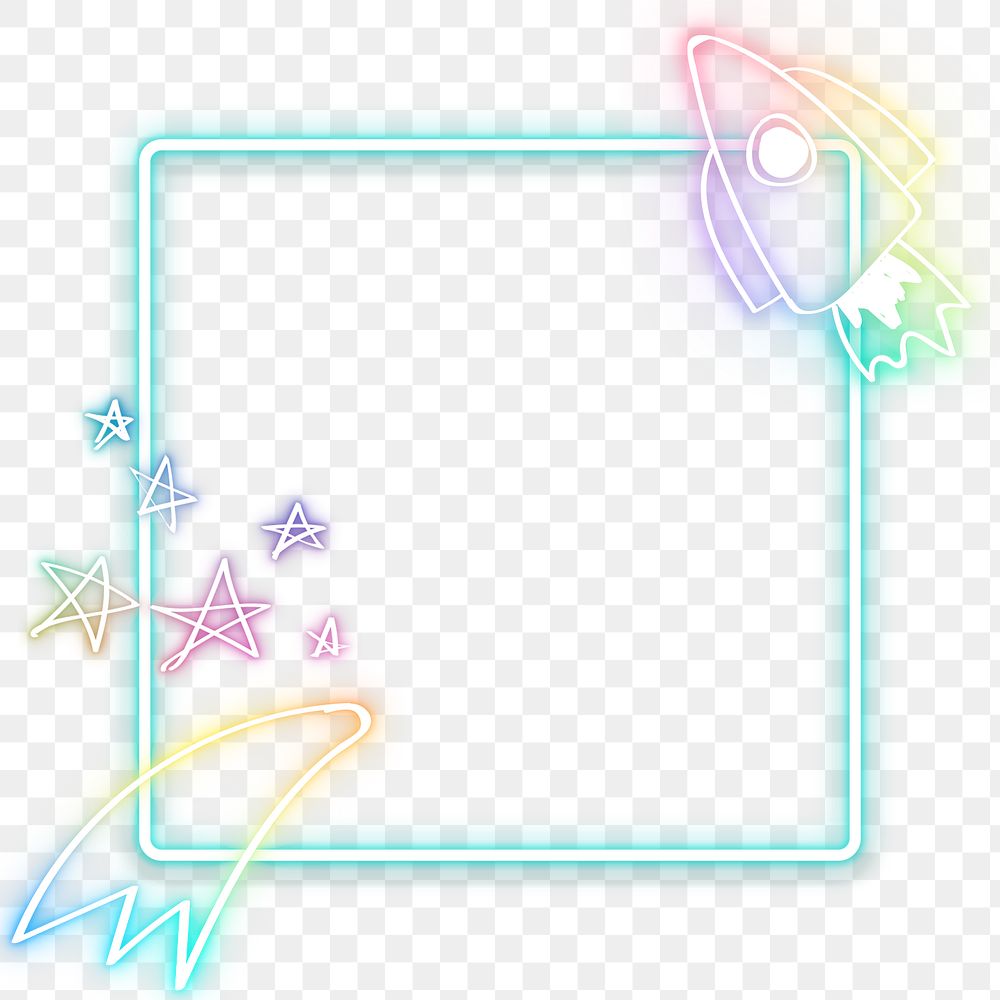 Neon frame rainbow star rocket doodle png
