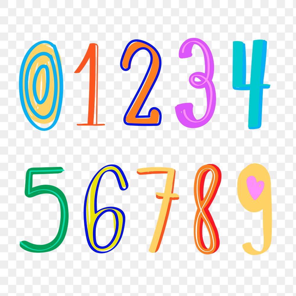 Numbers png doodle typography font style colorful set