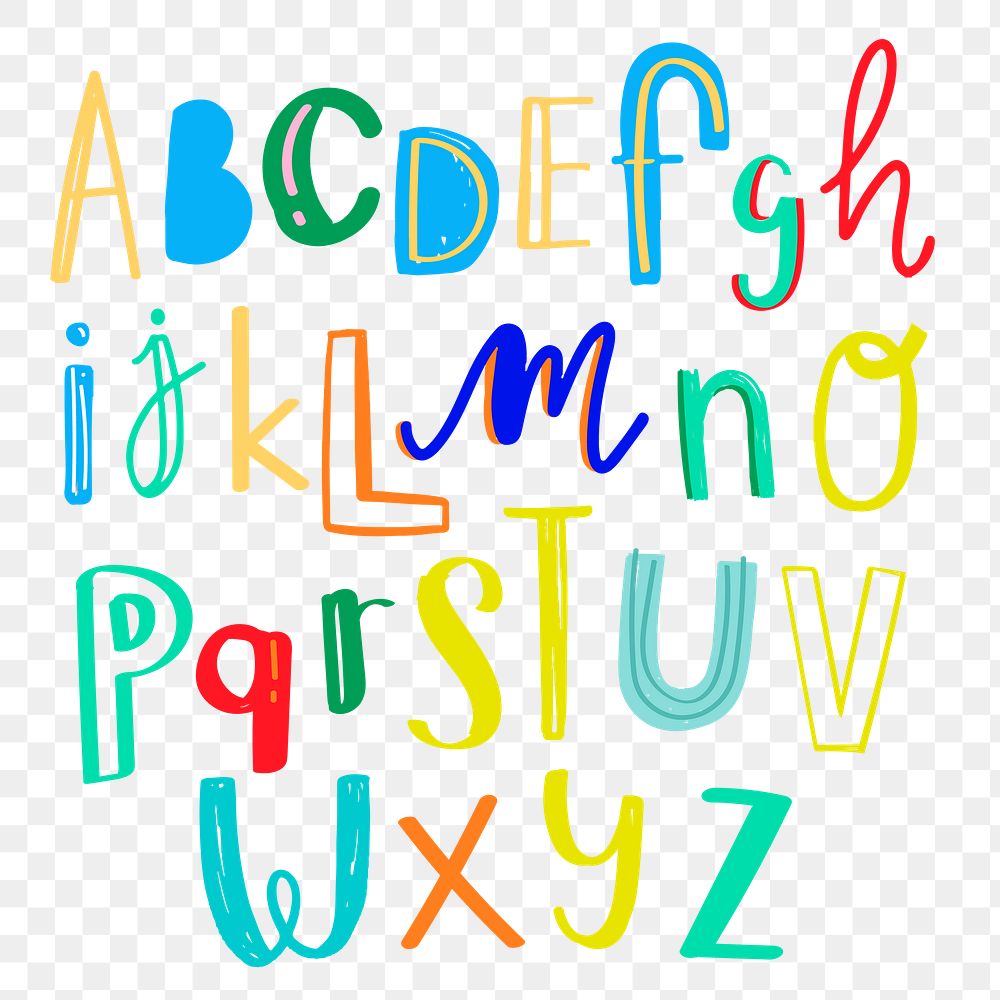 Alphabet png hand drawn typography colorful set