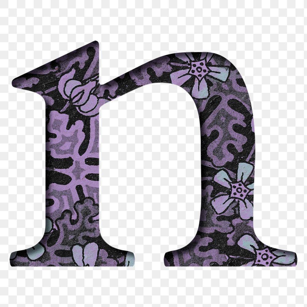 Vintage floral purple letter N png typography