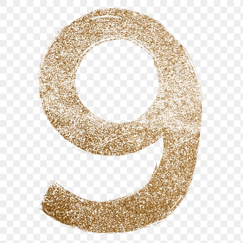 Transparent glitter number 9 gold brushed typography