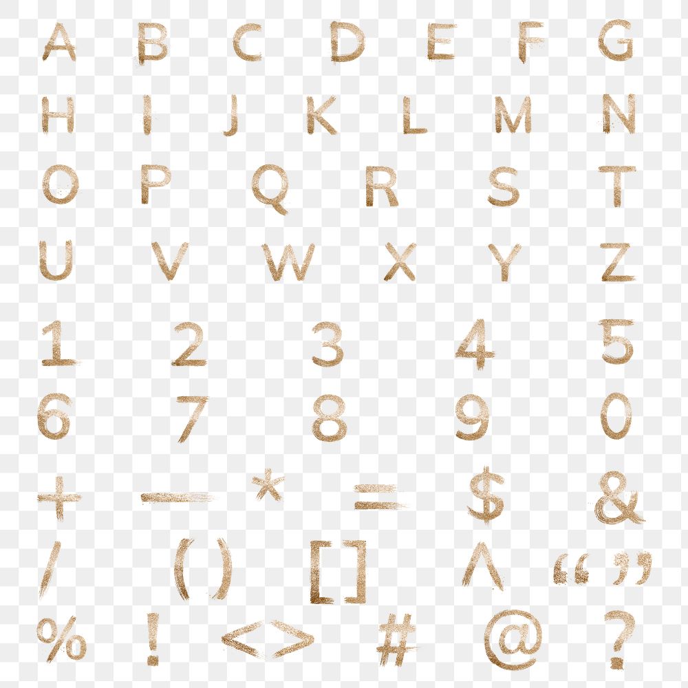 Painted gold alphabet png glitter letter number symbol set