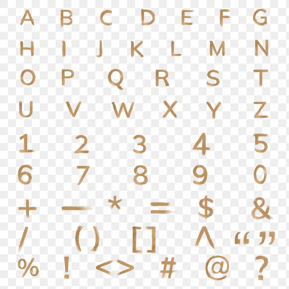 Transparent gold alphabet typography letter number and symbol set