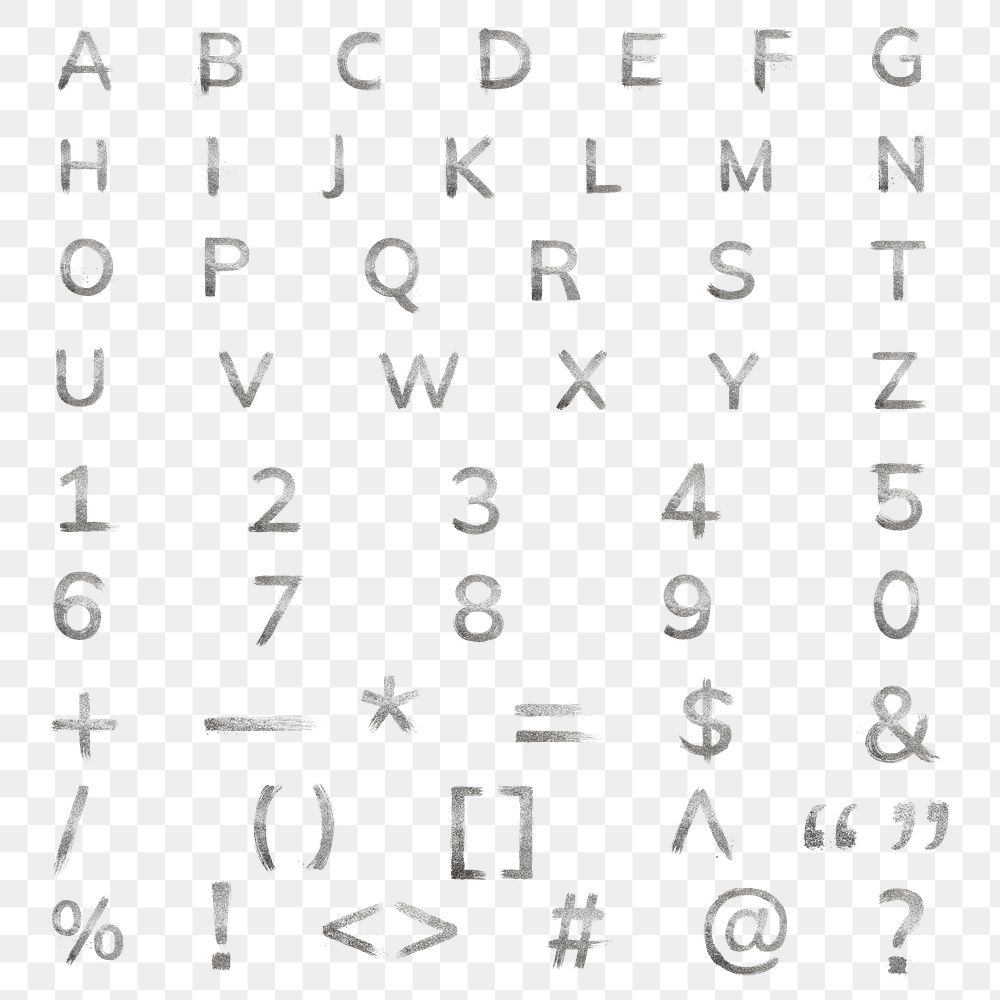 Silver glitter alphabet png set brush stroke letter symbol number font