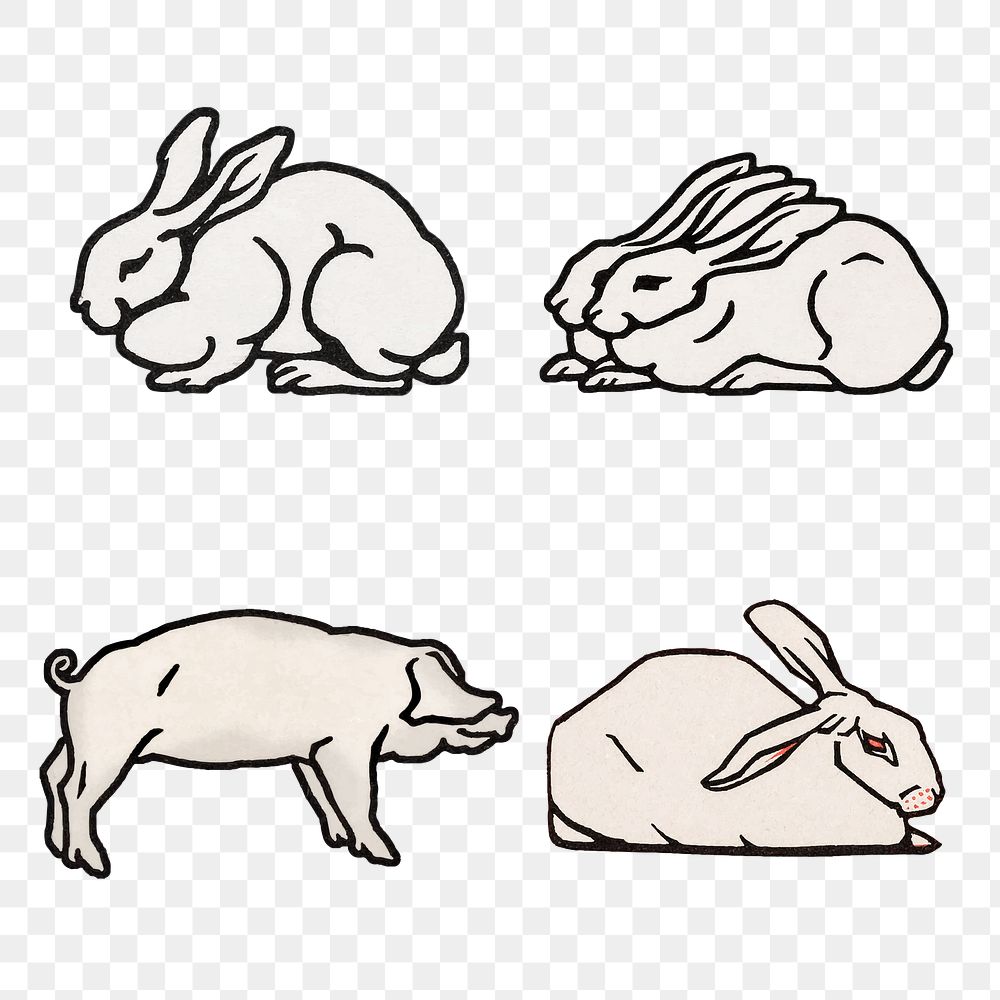 Retro rabbit animal sticker png logo set