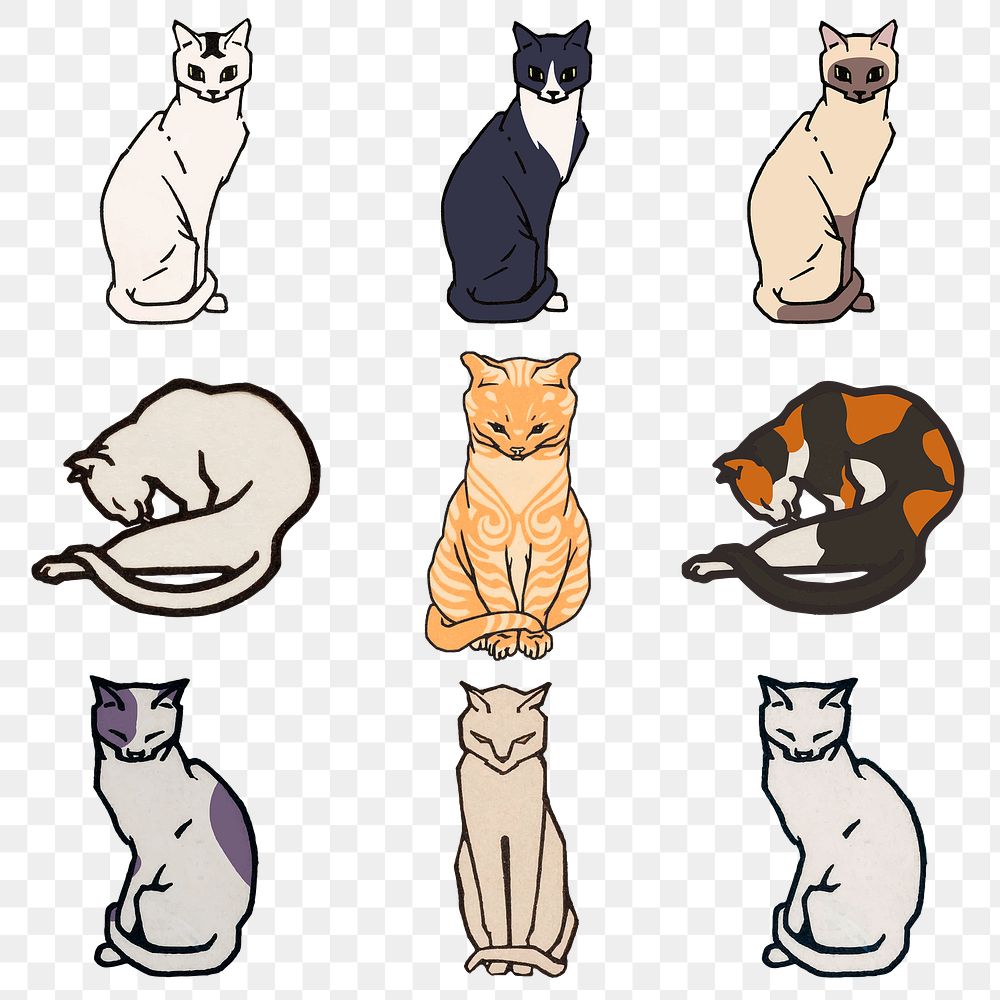 Retro cat sticker png vintage logo set