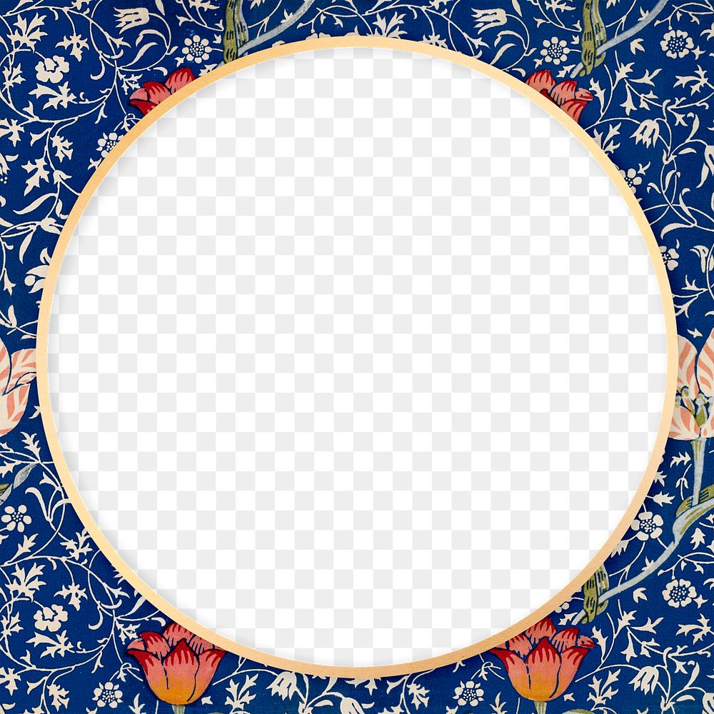 Round antique floral frame png William Morris inspired pattern