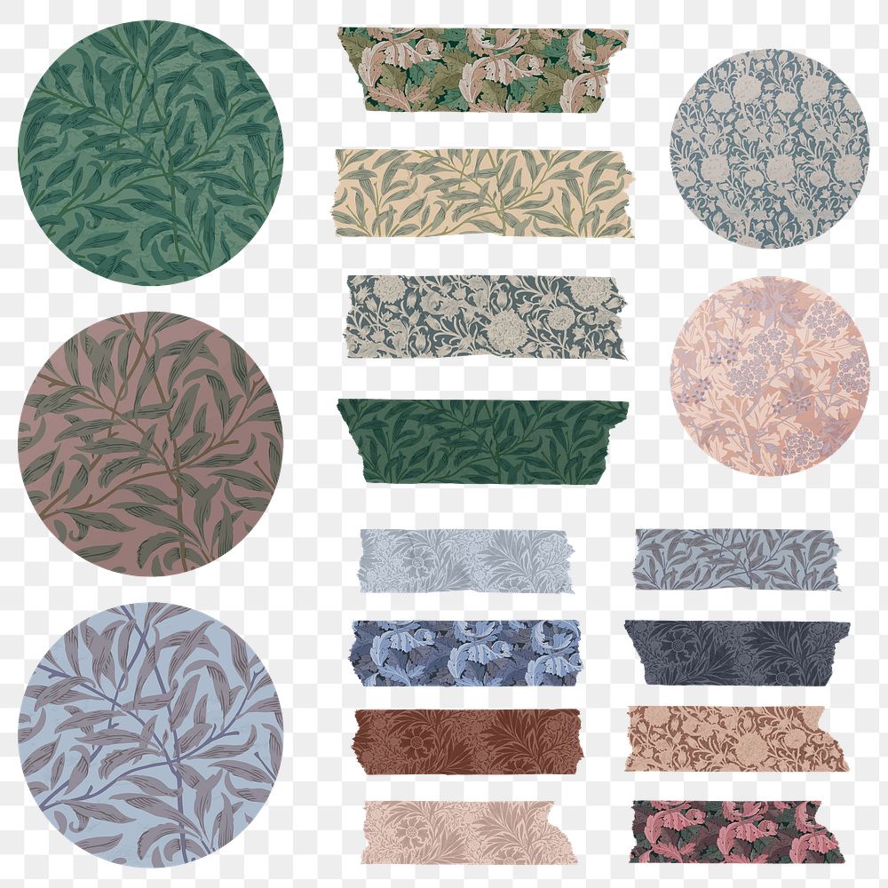 Png floral washi tape sticker set remix from artwork by William Morris