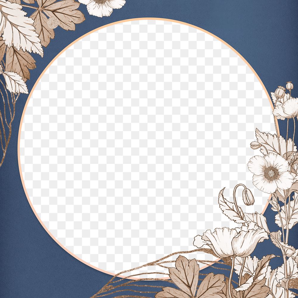 Floral frame png with gold accents royal blue border