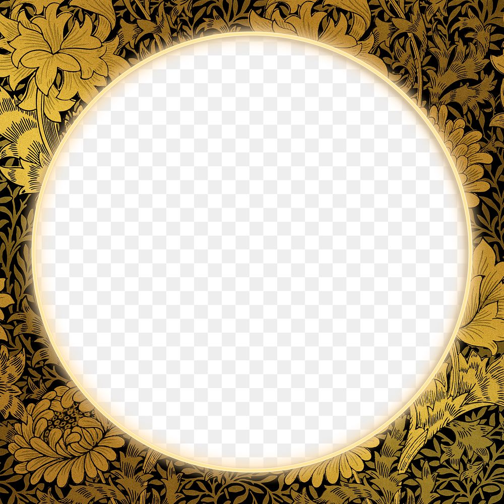 Golden floral frame pattern png remix from artwork by William Morris