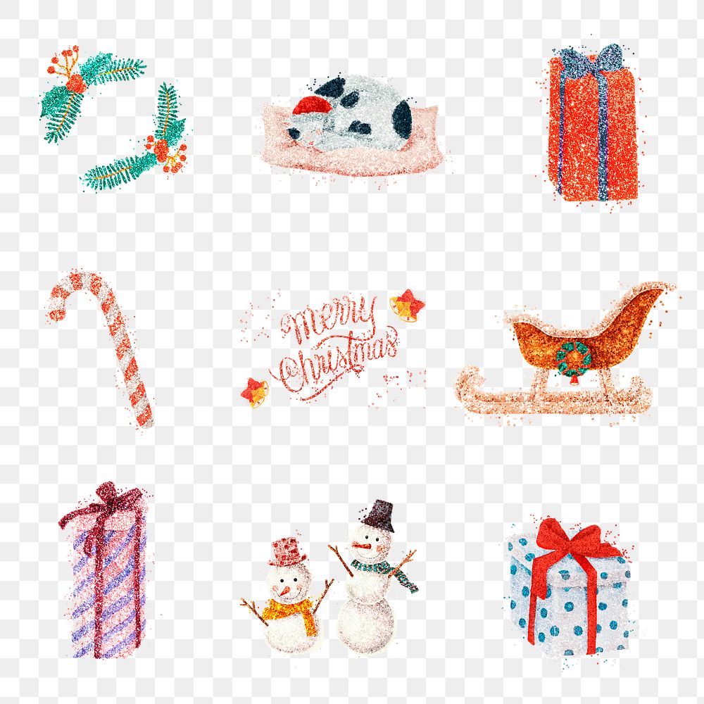 Winter glitter effect png stickers Christmas drawing collection