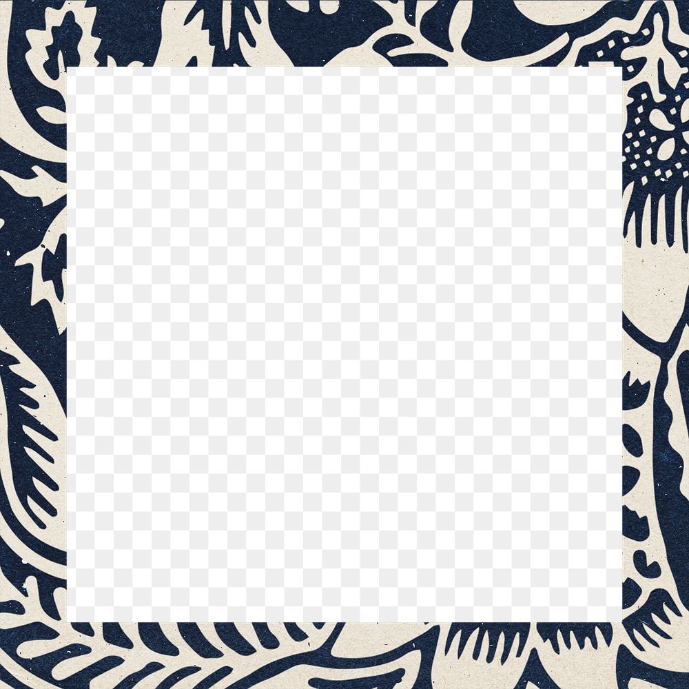 PNG frame William Morris floral pattern transparent background indigo botanical pattern remix