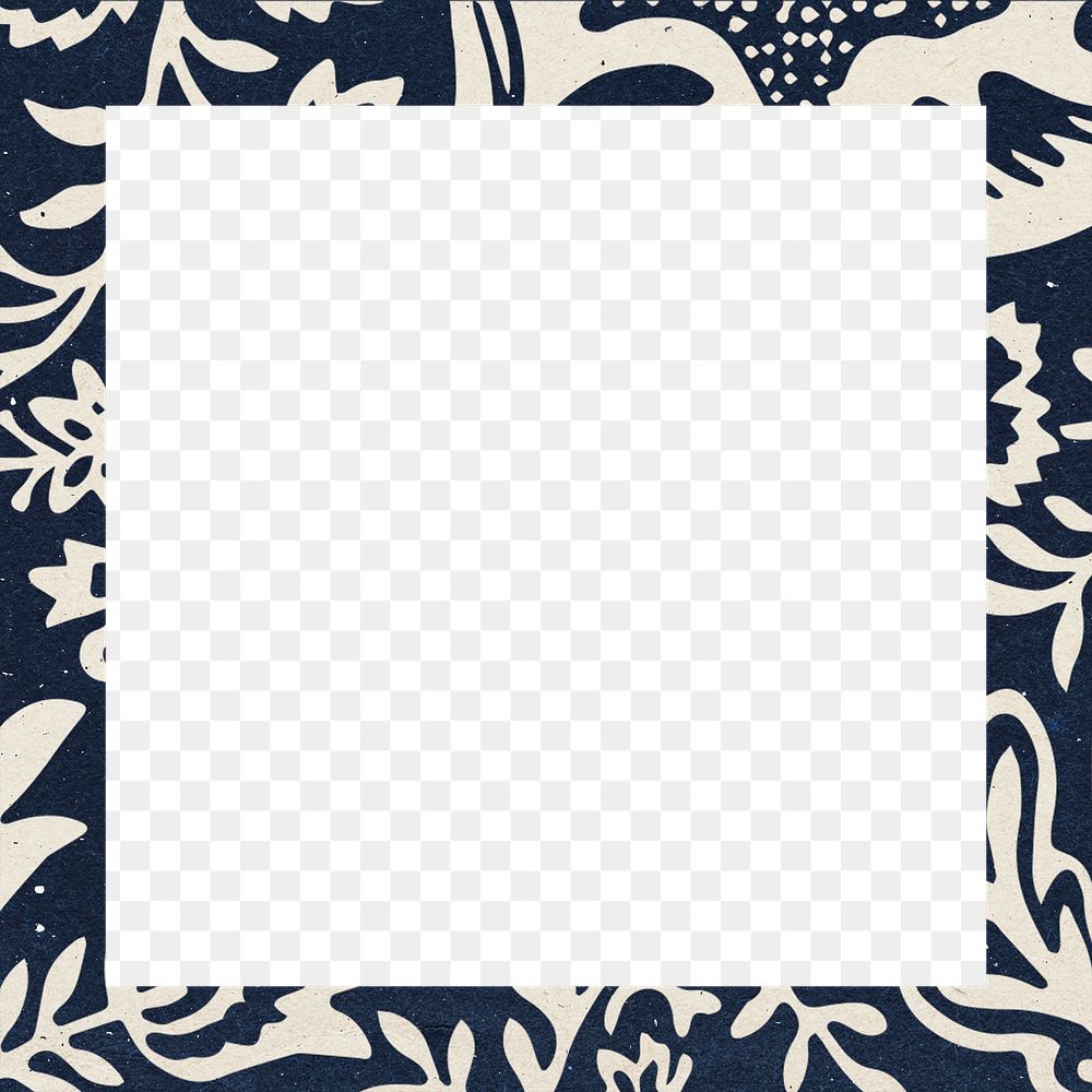 Frame png William Morris leafy pattern transparent background indigo botanical pattern remix