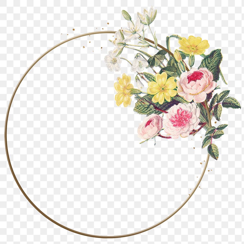 Png frame in gold with summer flower decorations