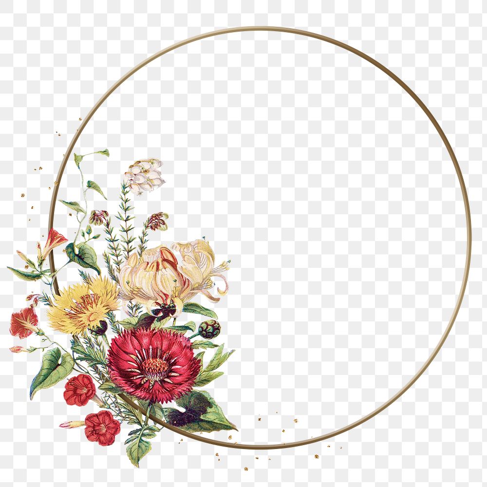 Png frame in gold with summer flower decorations