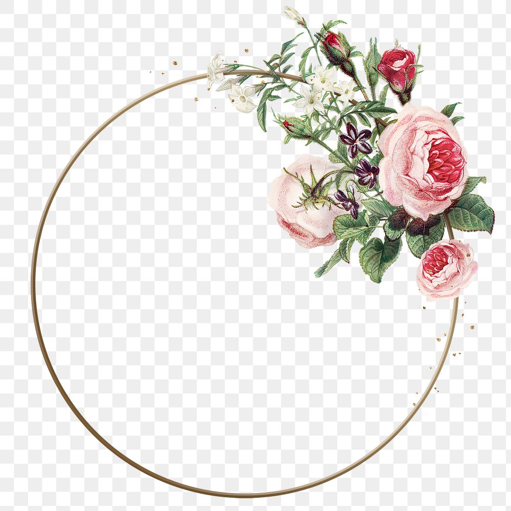 Png rose frame in gold with flower decorations