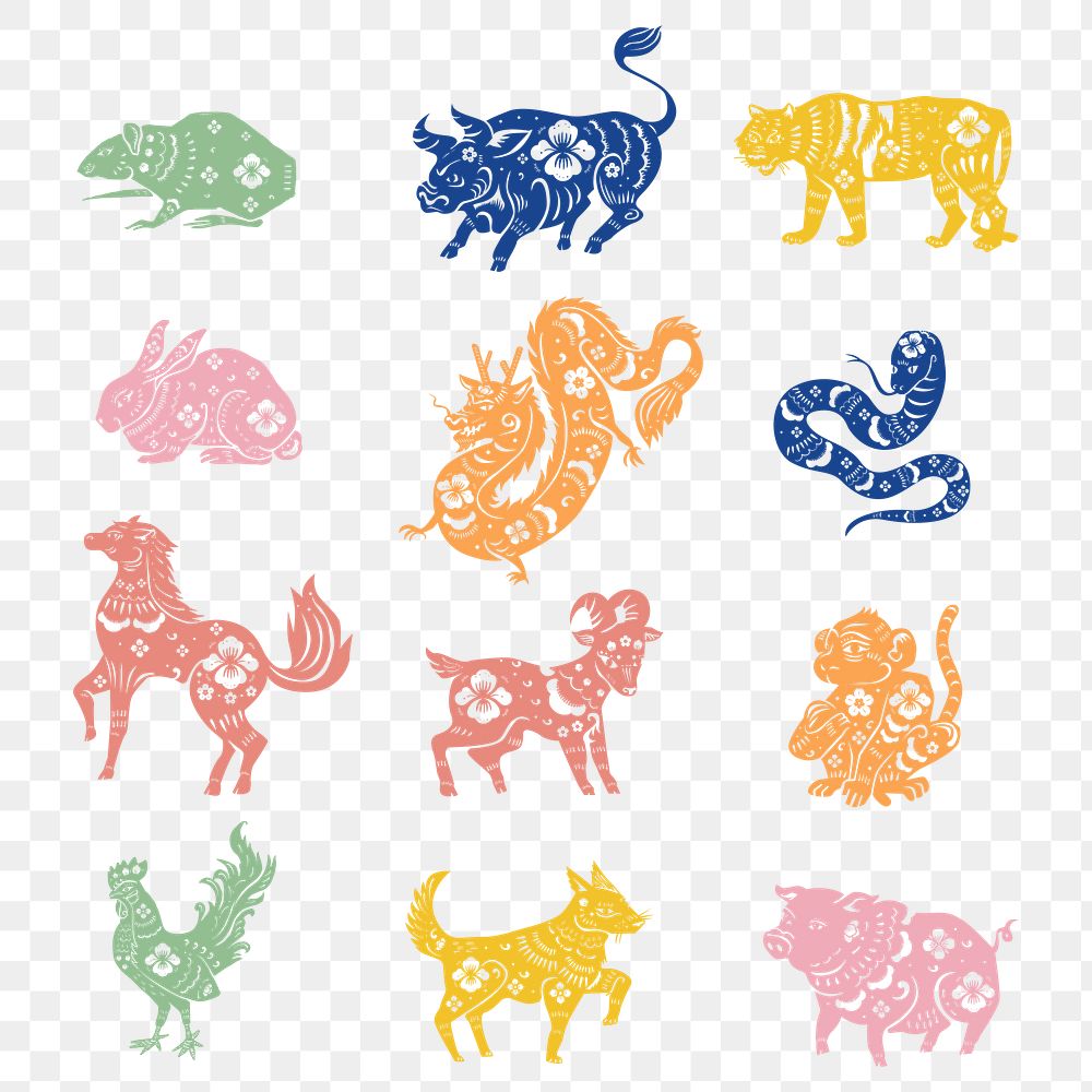 Png Chinese New Year colorful animals zodiac sign stickers set